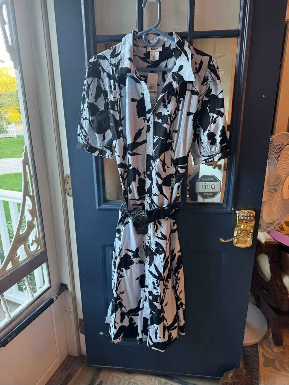 Dkny Black and White Floral Shirt Dress with Belt